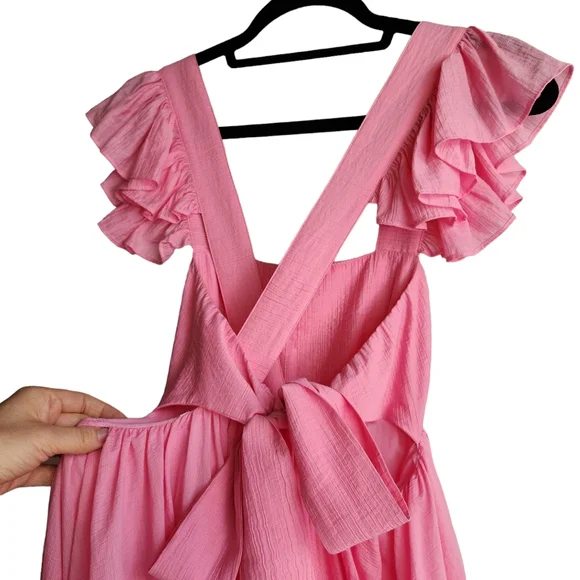 MABLE Ruffle Sleeve Cross-Back Tie-back Maxi Dress - Bubble Gum Pink - Picture 8 of 10